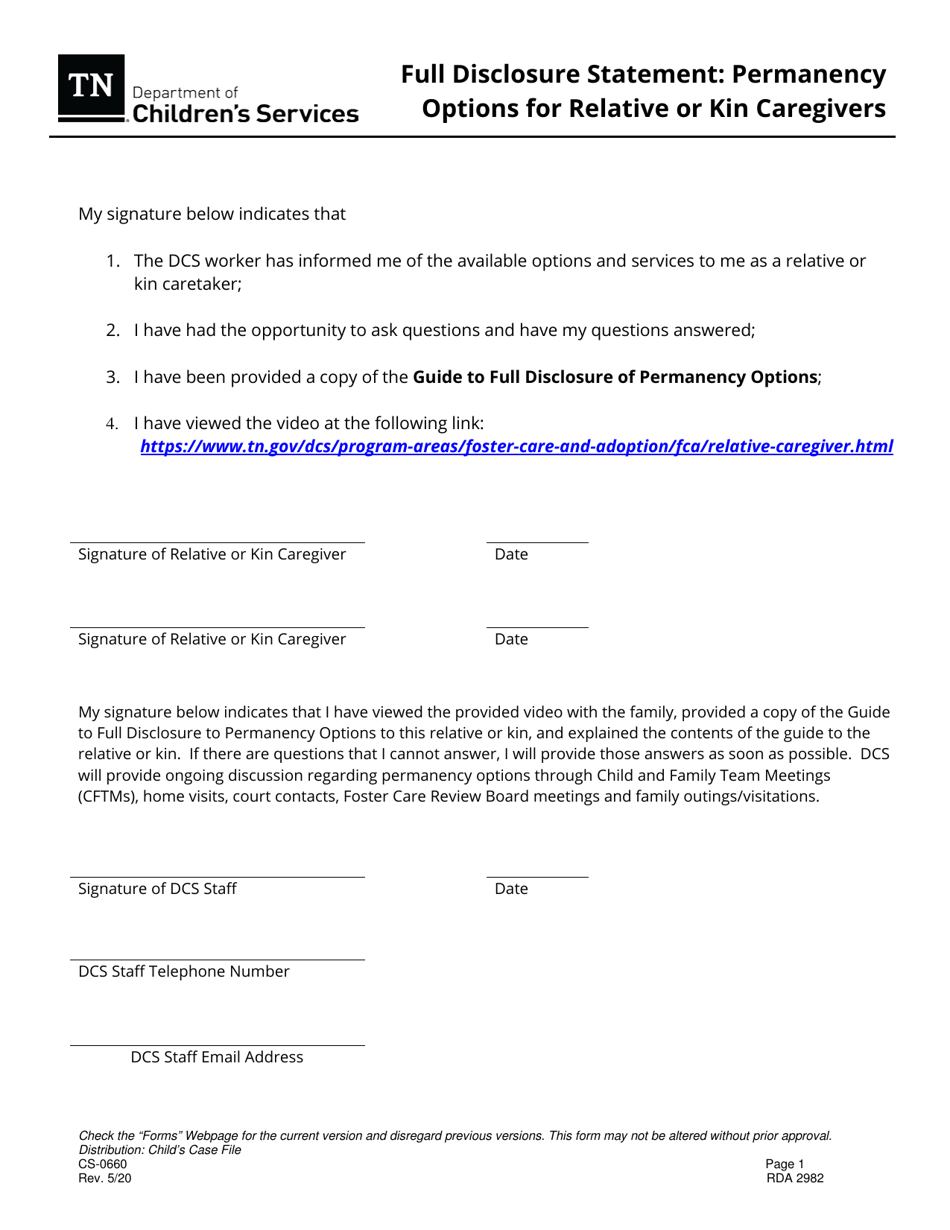 Form CS-0660 Full Disclosure Statement: Permanency Options for Relative or Kin Caregivers - Tennessee, Page 1