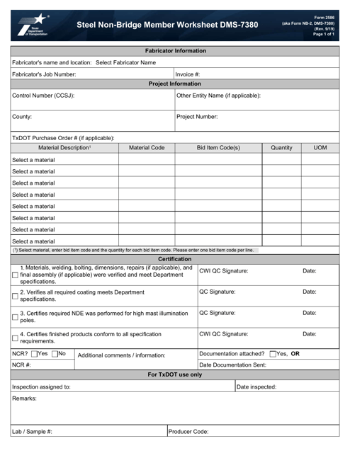 Form 2586 (DMS-7380; NB-2) Steel Non-bridge Member Worksheet - Texas