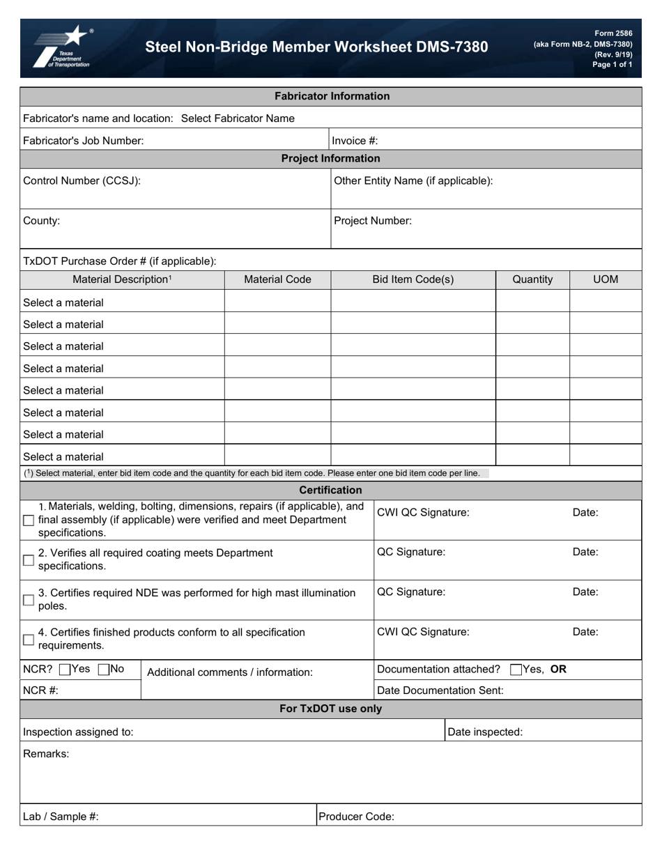Form 2586 (DMS-7380; NB-2) Steel Non-bridge Member Worksheet - Texas, Page 1