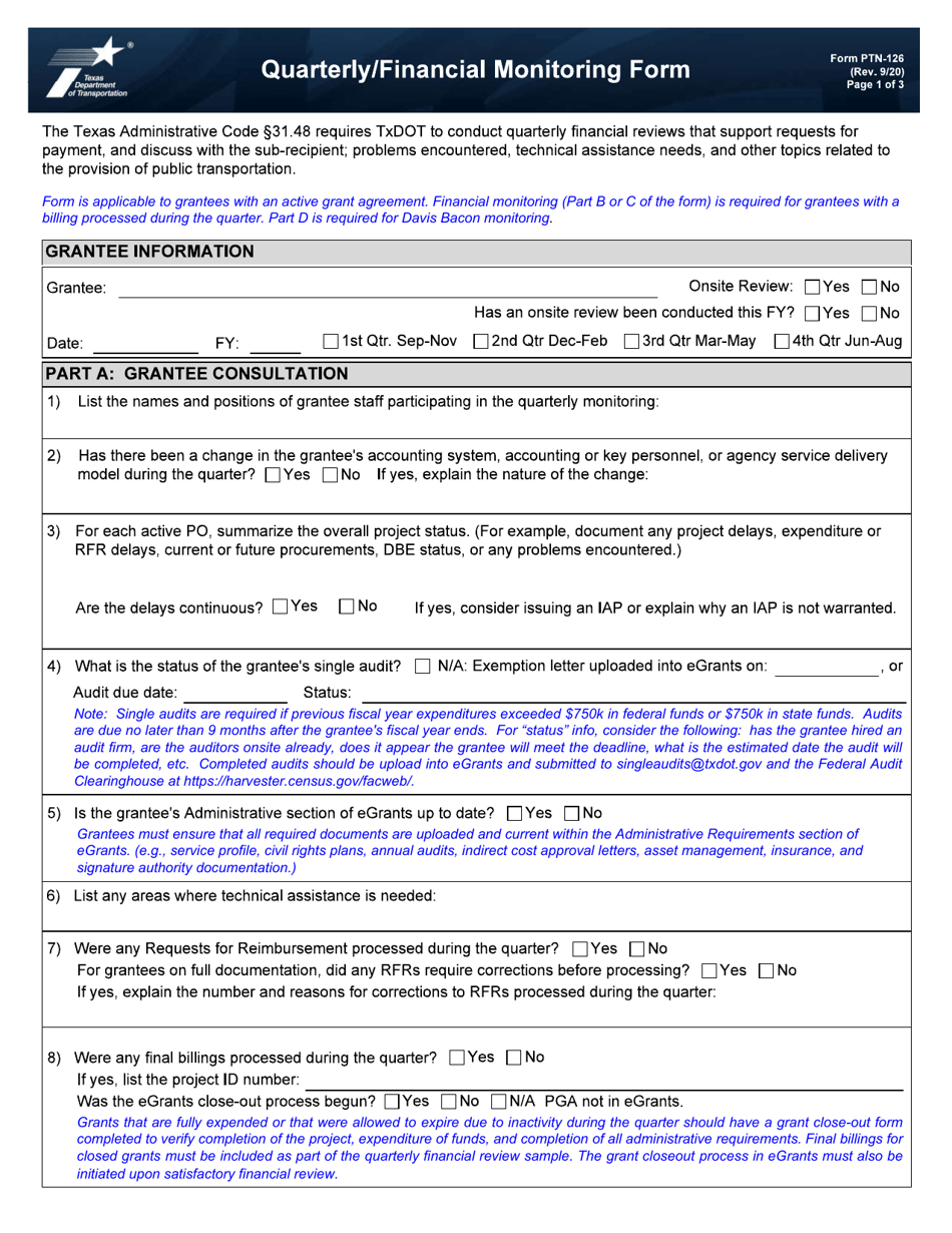 Form PTN-126 Download Fillable PDF or Fill Online Quarterly/Financial ...