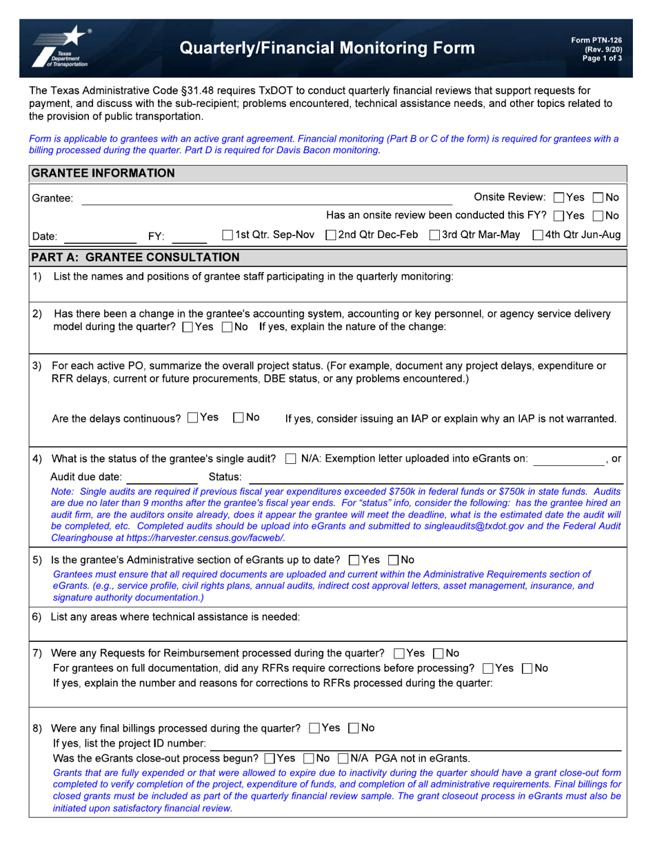 Form PTN-126 Quarterly / Financial Monitoring Form - Texas, Page 1