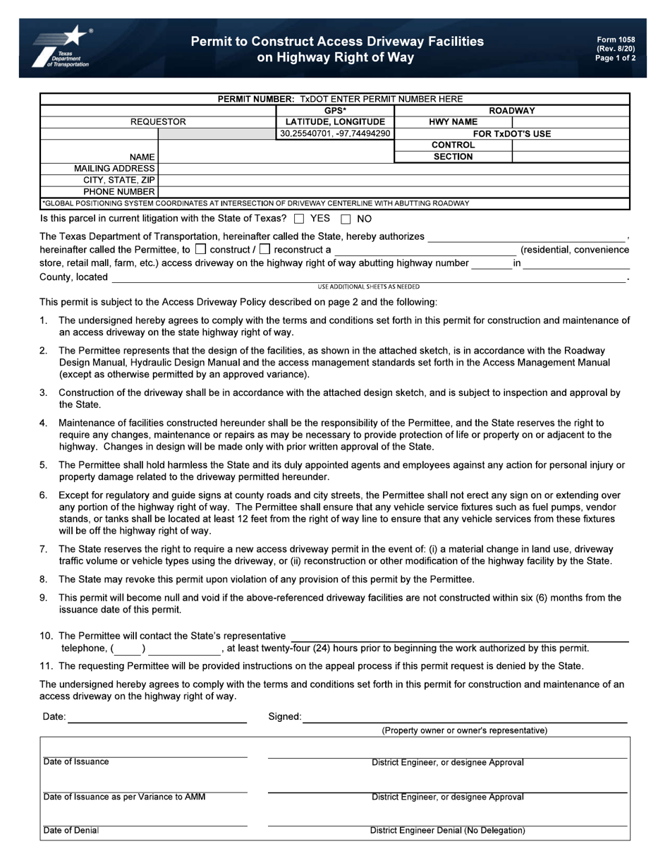 Form 1058 Permit to Construct Access Driveway Facilities on Highway Right of Way - Texas, Page 1