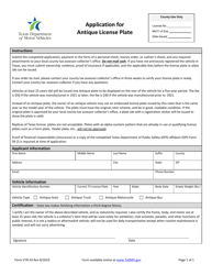 Form VTR-54 Application for Antique License Plate - Texas
