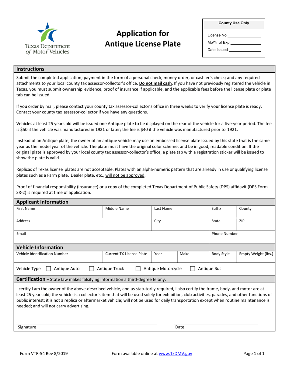 Form VTR-54 Application for Antique License Plate - Texas, Page 1