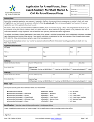Document preview: Form VTR-424 Application for Armed Forces, Coast Guard Auxiliary, Merchant Marine & Civil Air Patrol License Plates - Texas