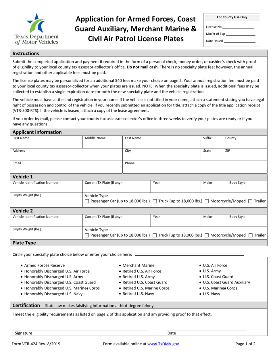 Form VTR-424 Application for Armed Forces, Coast Guard Auxiliary, Merchant Marine  Civil Air Patrol License Plates - Texas, Page 1
