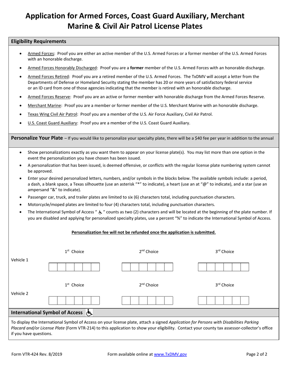 Form VTR-424 Application for Armed Forces, Coast Guard Auxiliary, Merchant Marine  Civil Air Patrol License Plates - Texas, Page 2
