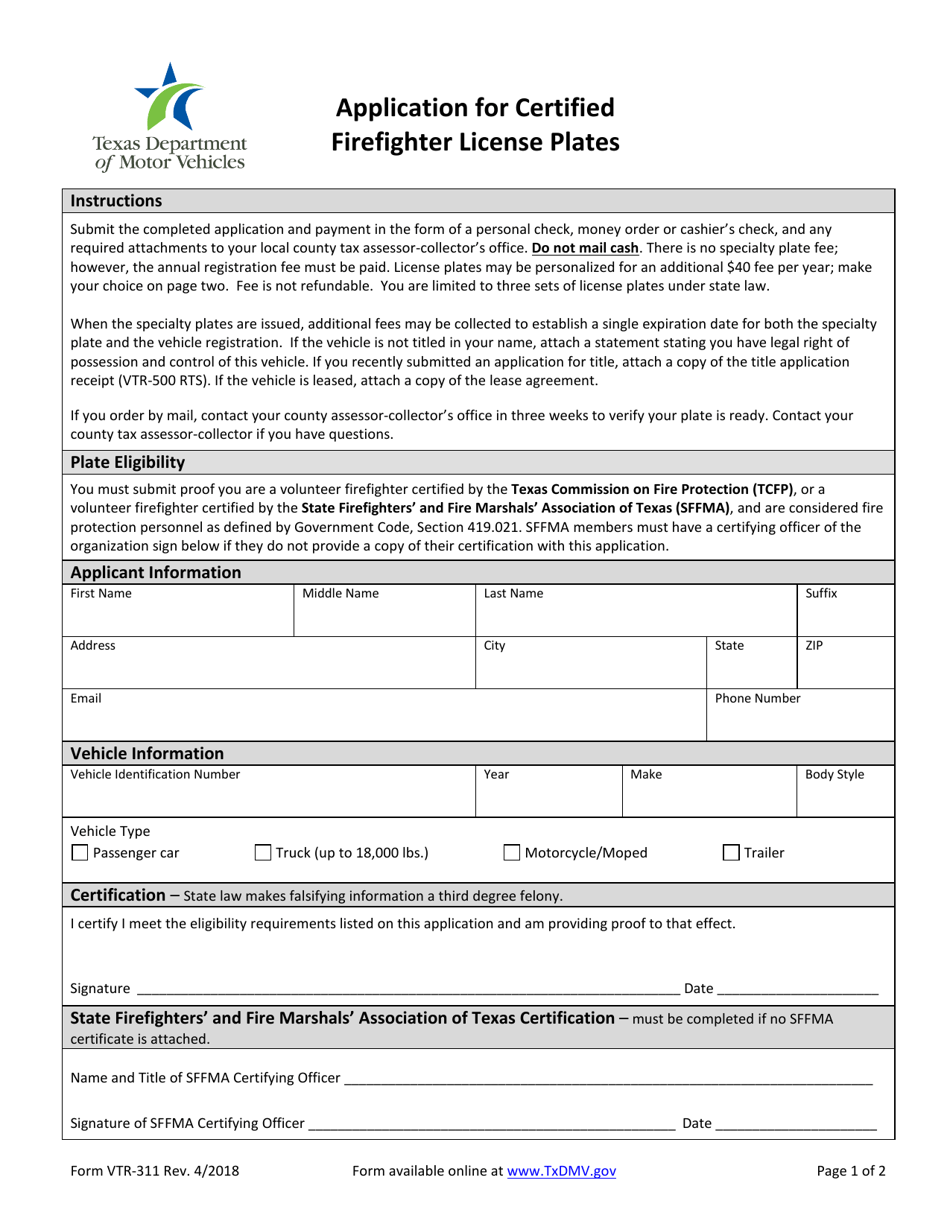 Form VTR-311 Application for Certified Firefighter License Plates - Texas, Page 1