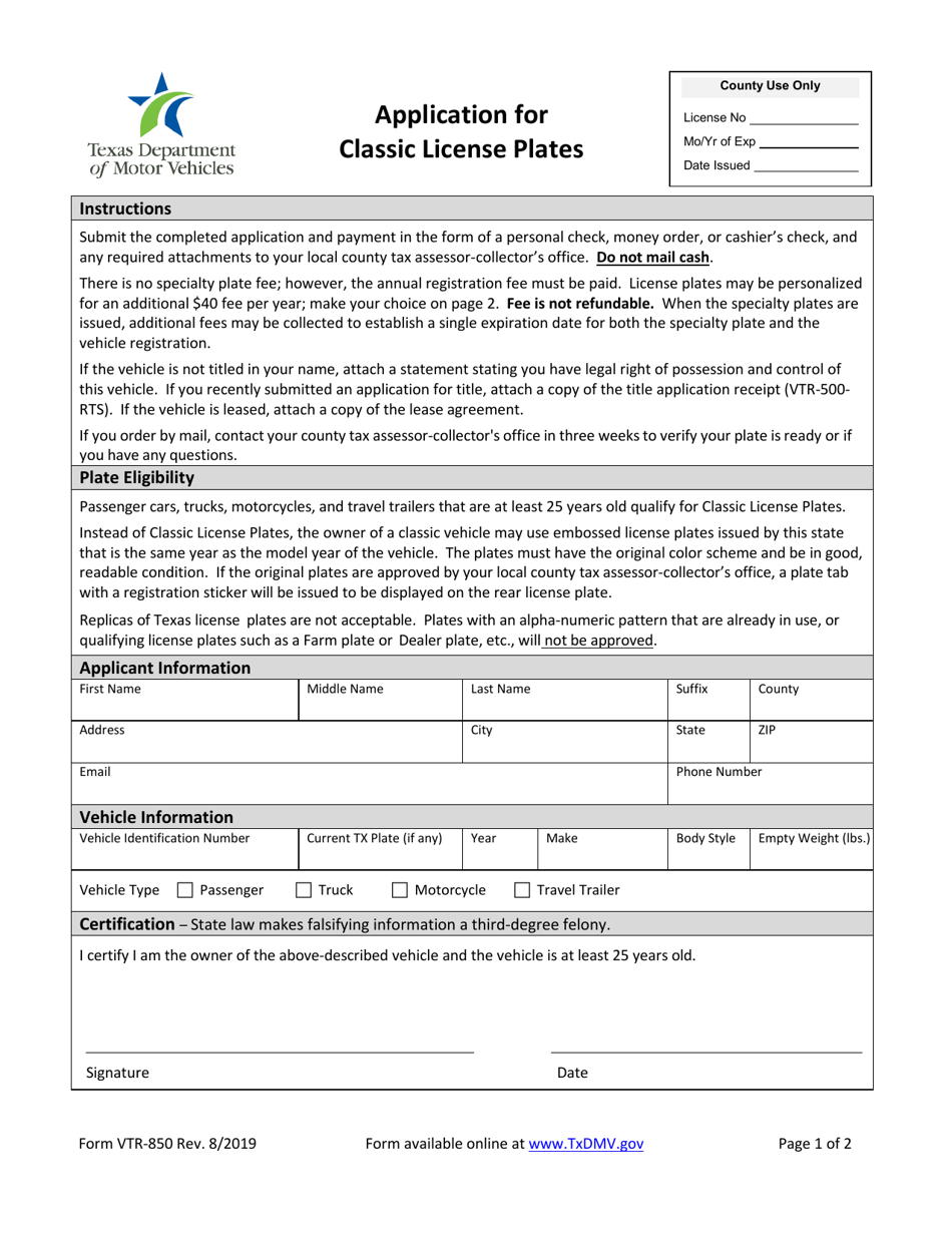 Form VTR-850 Application for Classic License Plates - Texas, Page 1