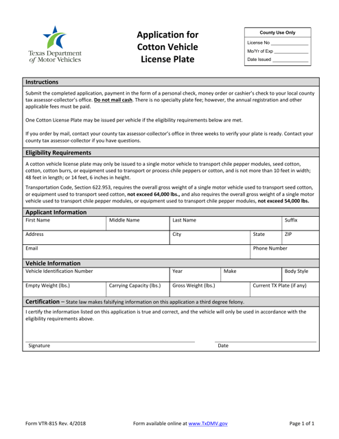 Form VTR-815 Application for Cotton Vehicle License Plate - Texas