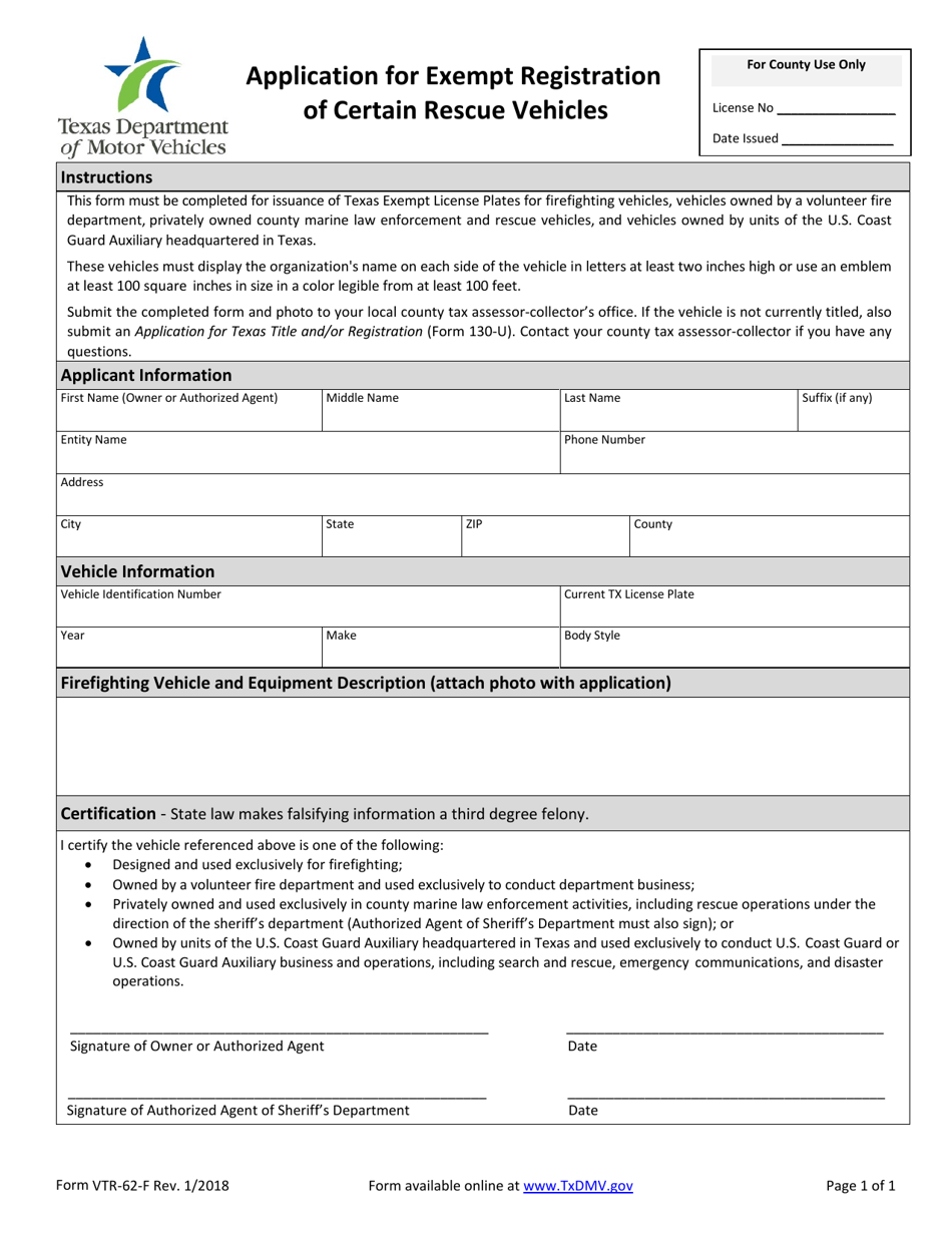 Form VTR-62-F Application for Exempt Registration of Certain Rescue Vehicles - Texas, Page 1