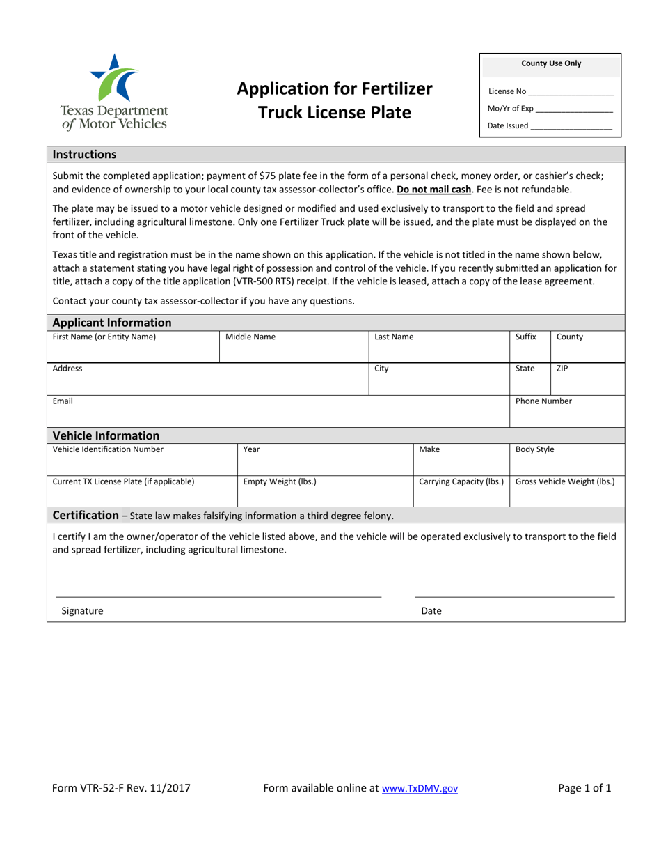 Form VTR-52-F Application for Fertilizer Truck License Plate - Texas, Page 1