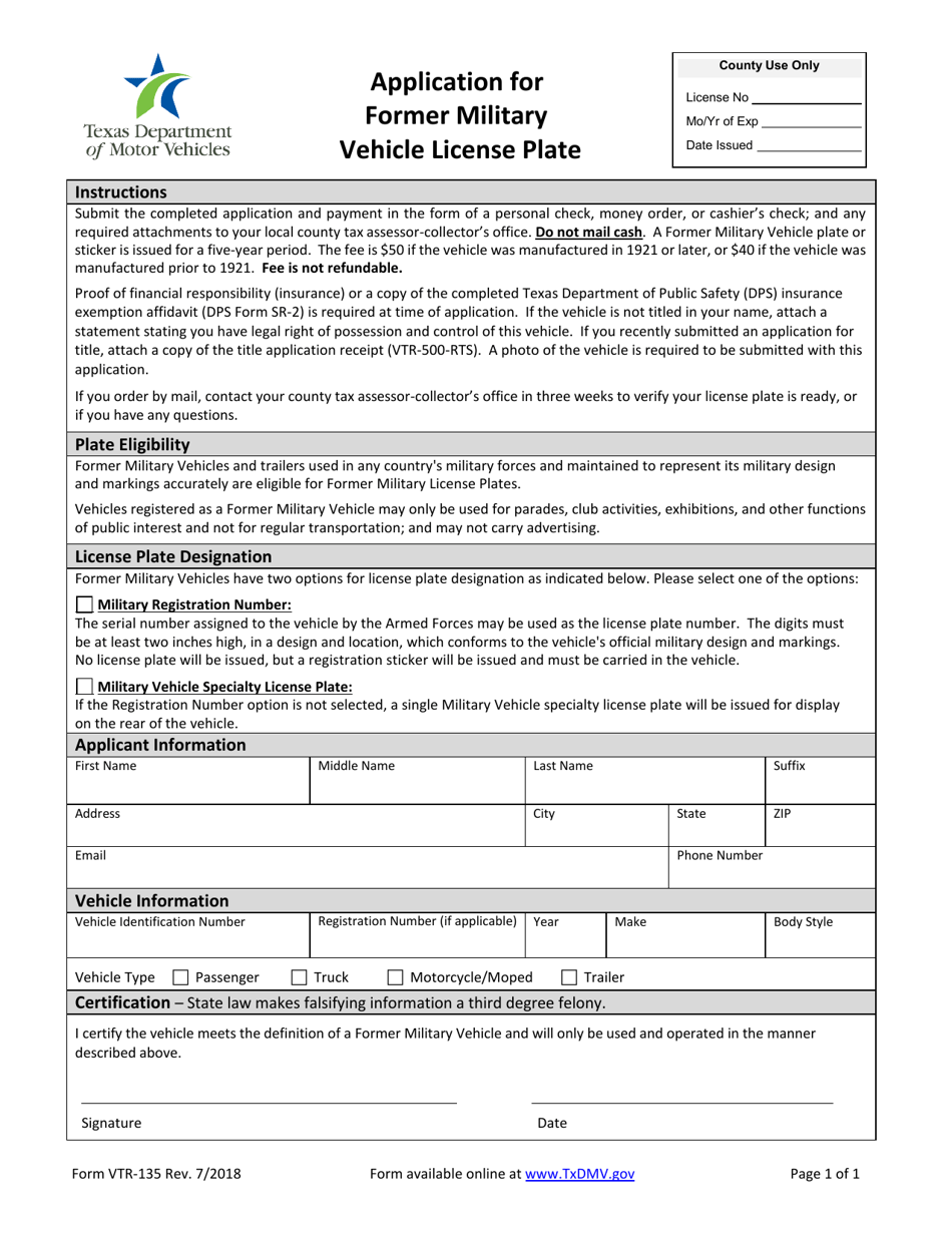 Form VTR-135 Application for Former Military Vehicle License Plate - Texas, Page 1