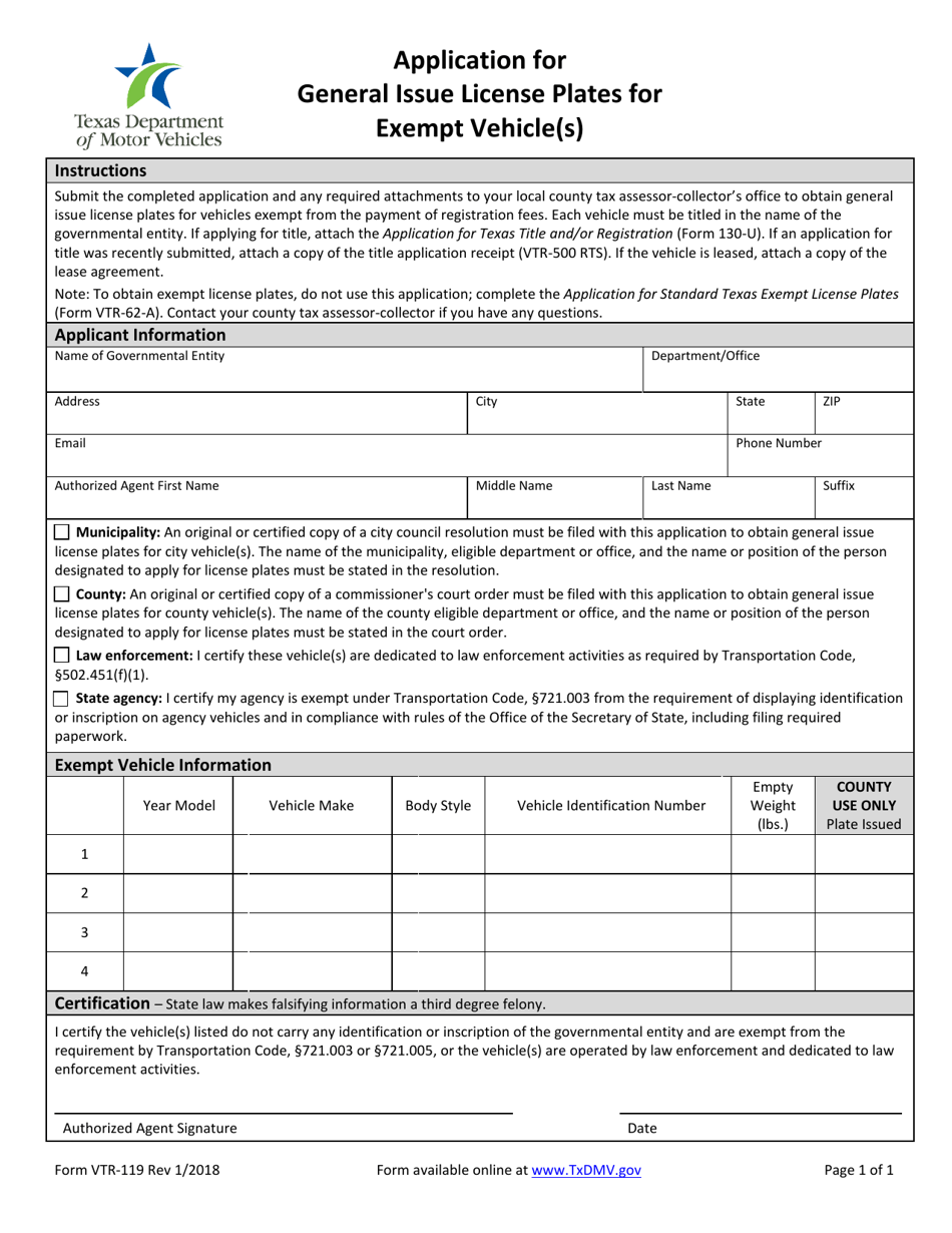 Form VTR-119 Application for General Issue License Plates for Exempt Vehicle(S) - Texas, Page 1