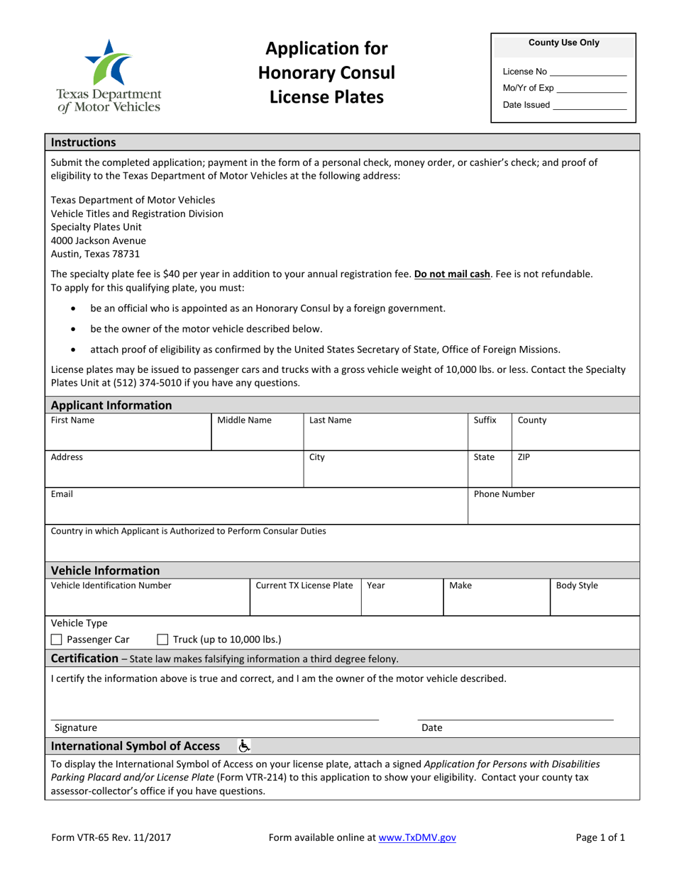 Form VTR-65 Application for Honorary Consul License Plates - Texas, Page 1