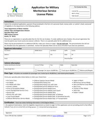 Document preview: Form VTR-421 Application for Military Meritorious Service License Plates - Texas