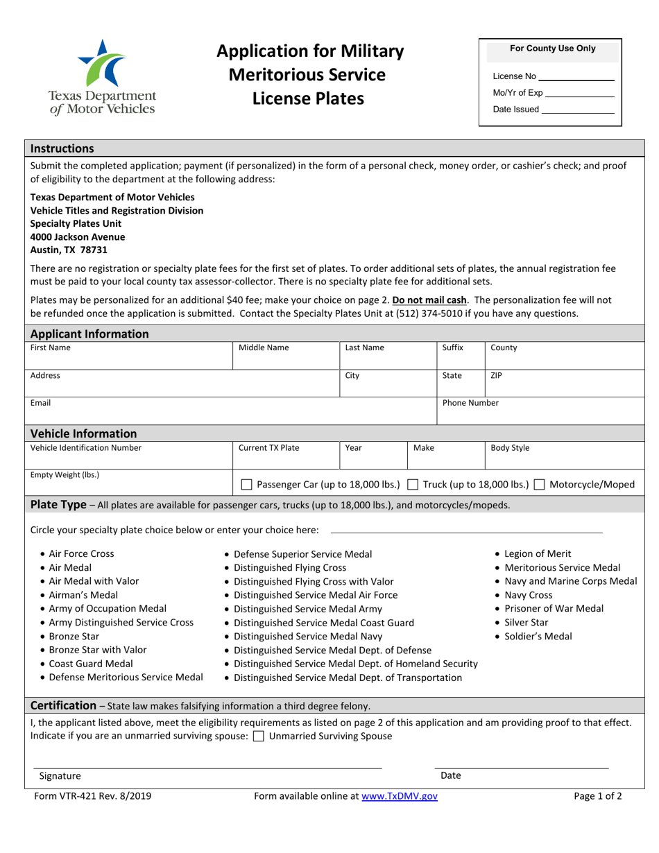 Form VTR-421 Application for Military Meritorious Service License Plates - Texas, Page 1
