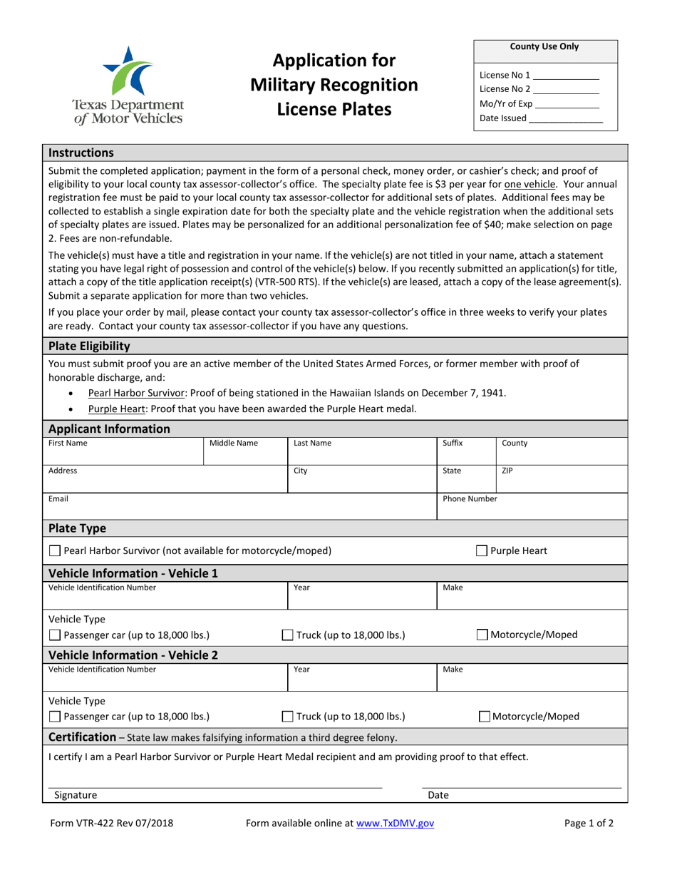 Form VTR-422 Application for Military Recognition License Plates - Texas, Page 1