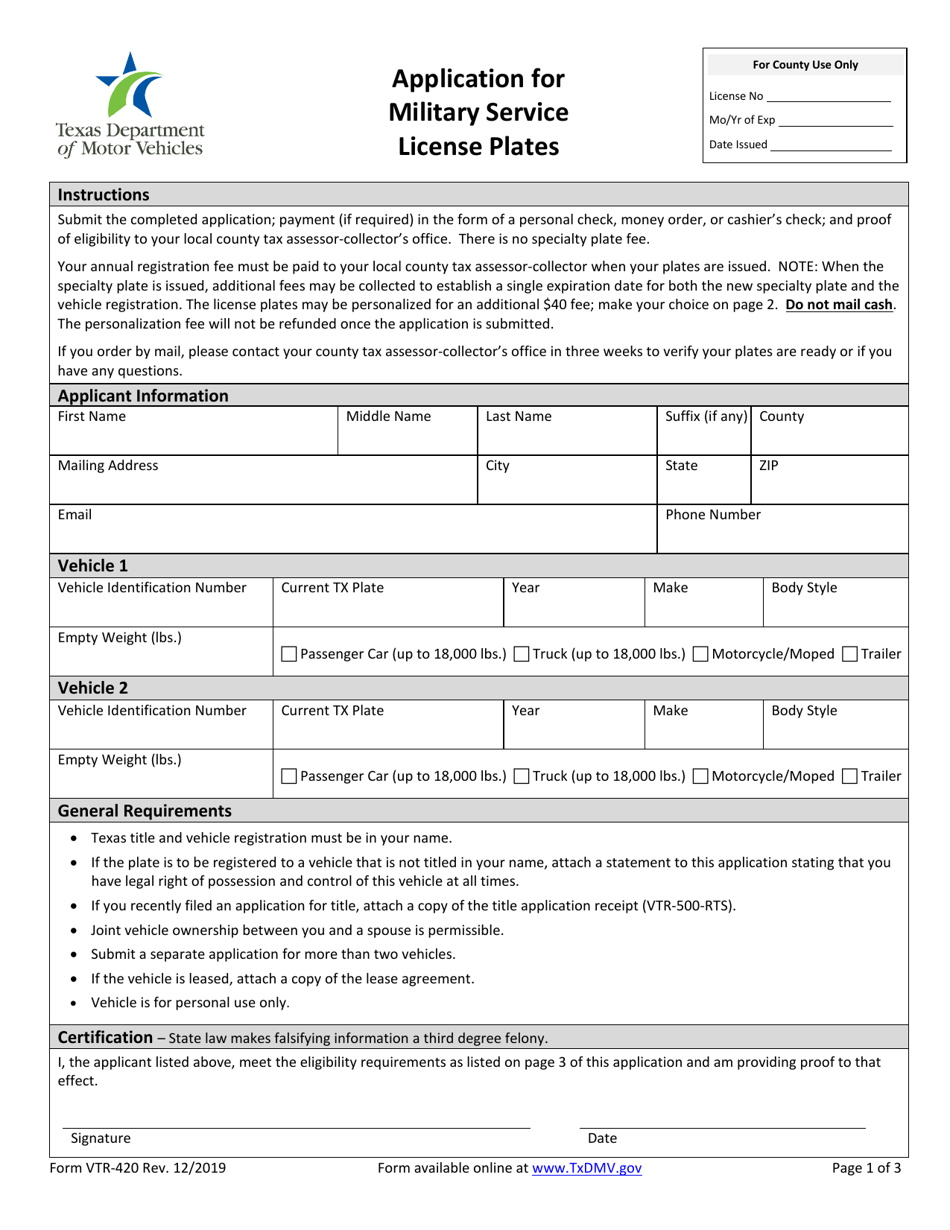 Form VTR420 Fill Out, Sign Online and Download Fillable PDF, Texas