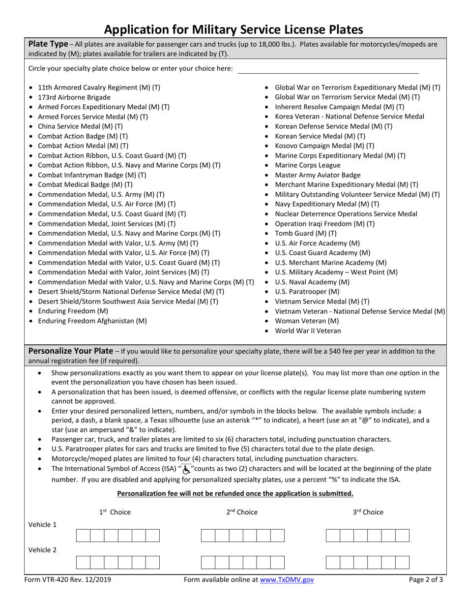 Form VTR-420 Application for Military Service License Plates - Texas, Page 2