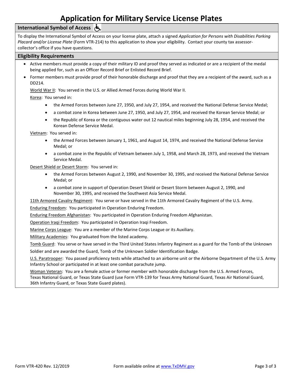 Form VTR-420 Application for Military Service License Plates - Texas, Page 3