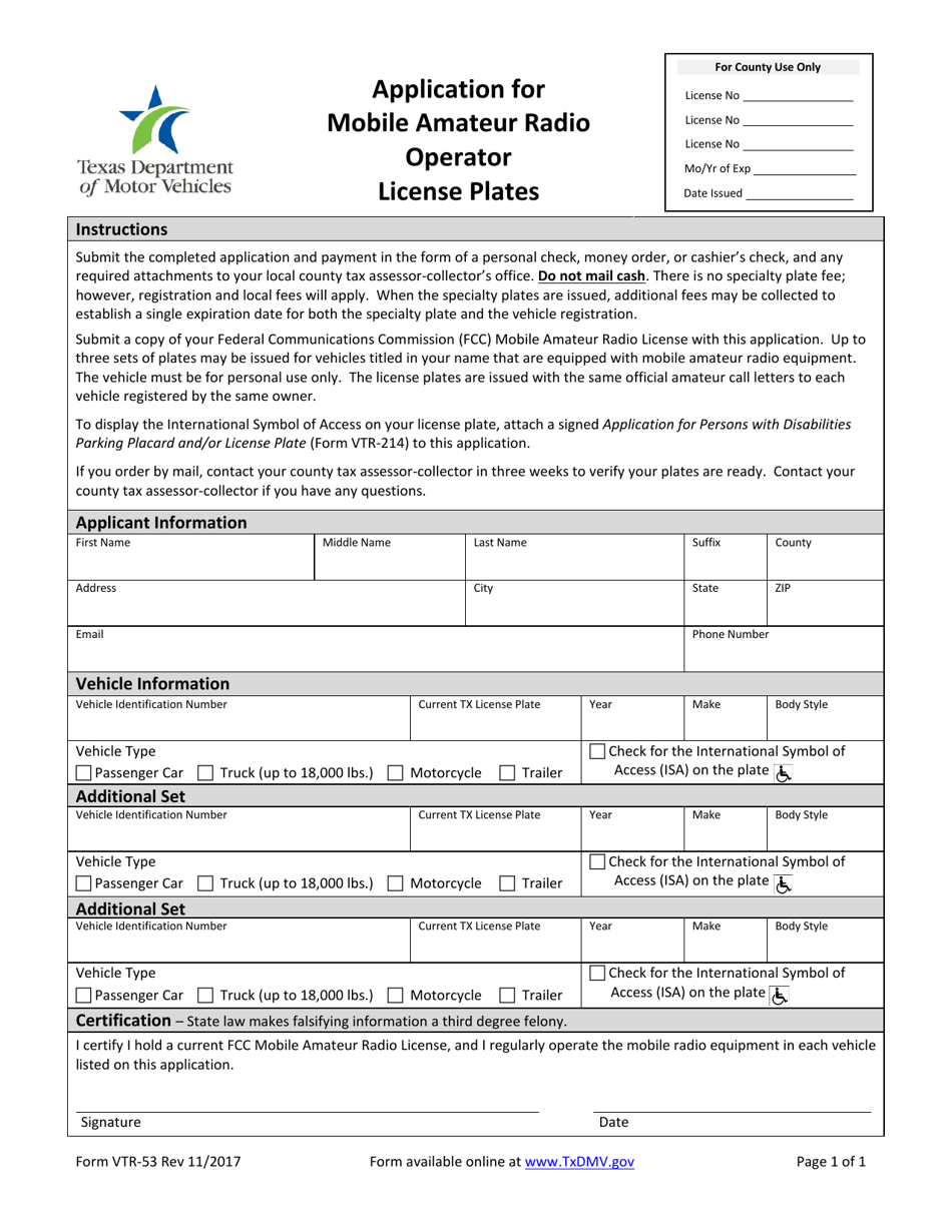 Form VTR-53 Application for Mobile Amateur Radio Operator License Plates - Texas, Page 1