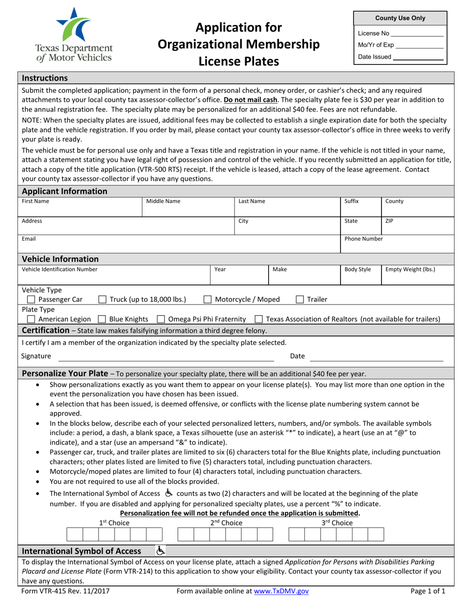 Form VTR-415 Application for Organizational Membership License Plates - Texas, Page 1