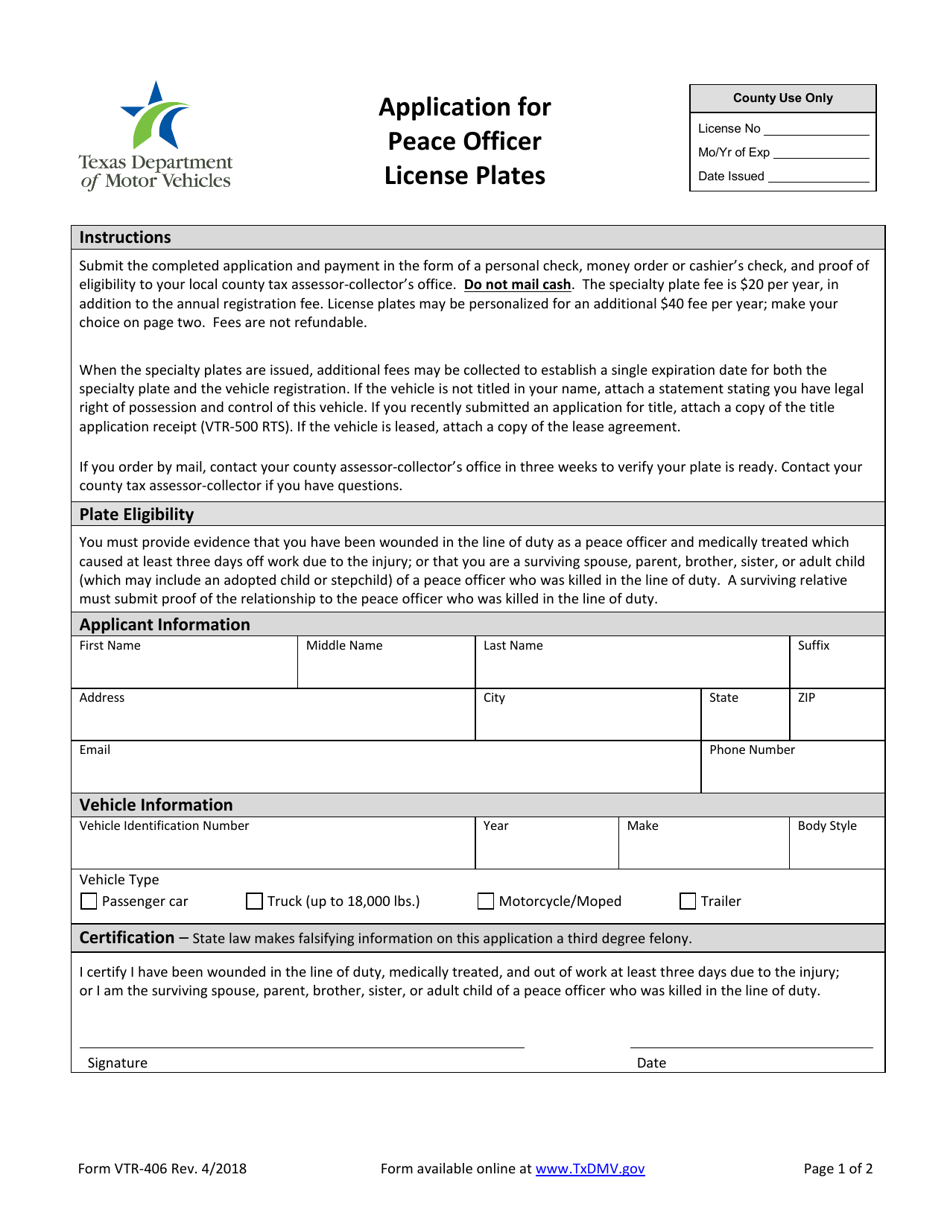 Form VTR-406 Application for Peace Officer License Plates - Texas, Page 1
