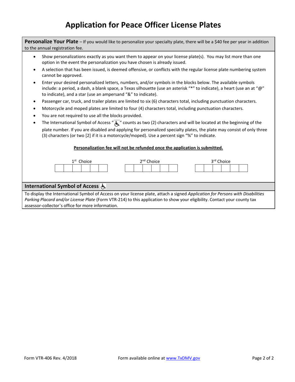 Form VTR-406 Application for Peace Officer License Plates - Texas, Page 2