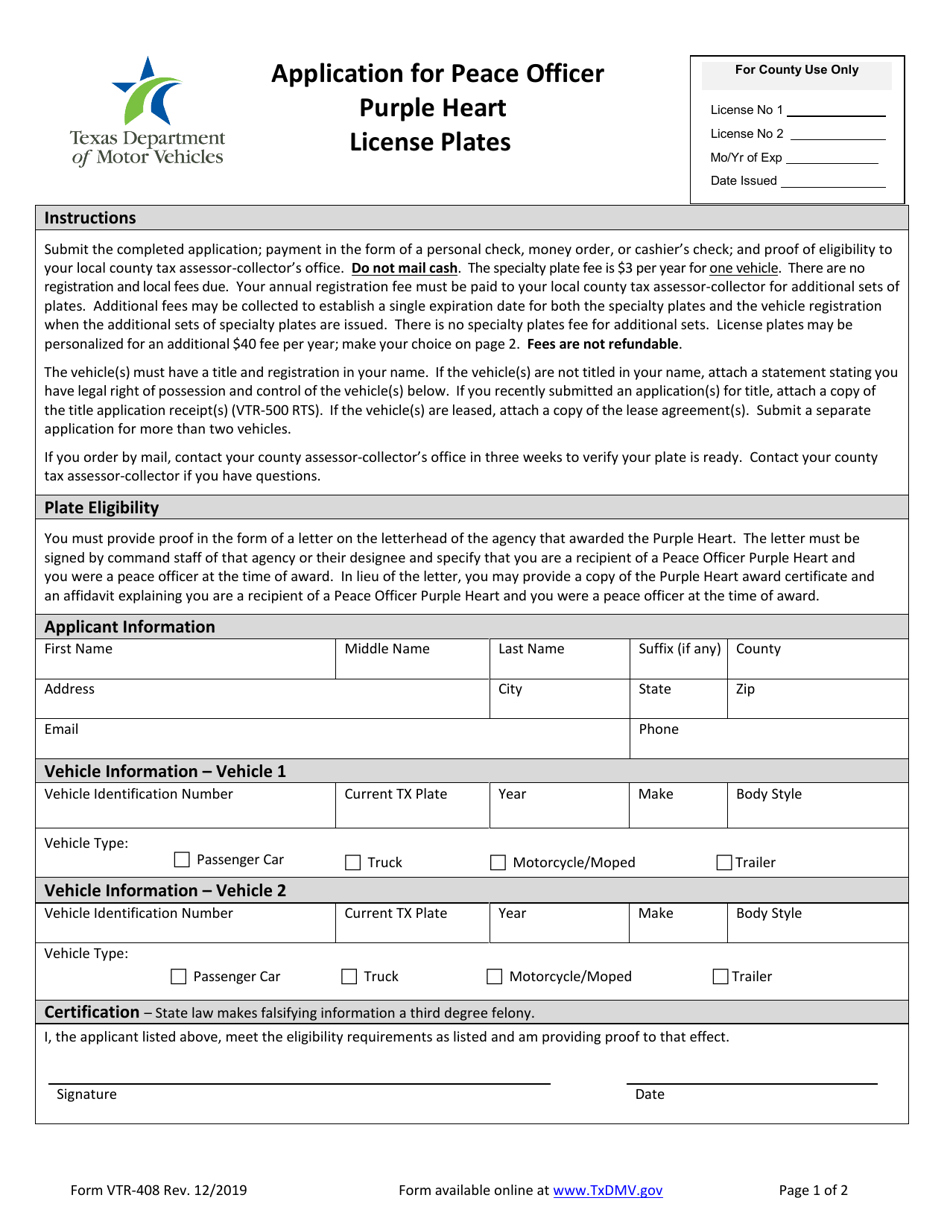 Form VTR-408 Application for Peace Officer Purple Heart License Plates - Texas, Page 1