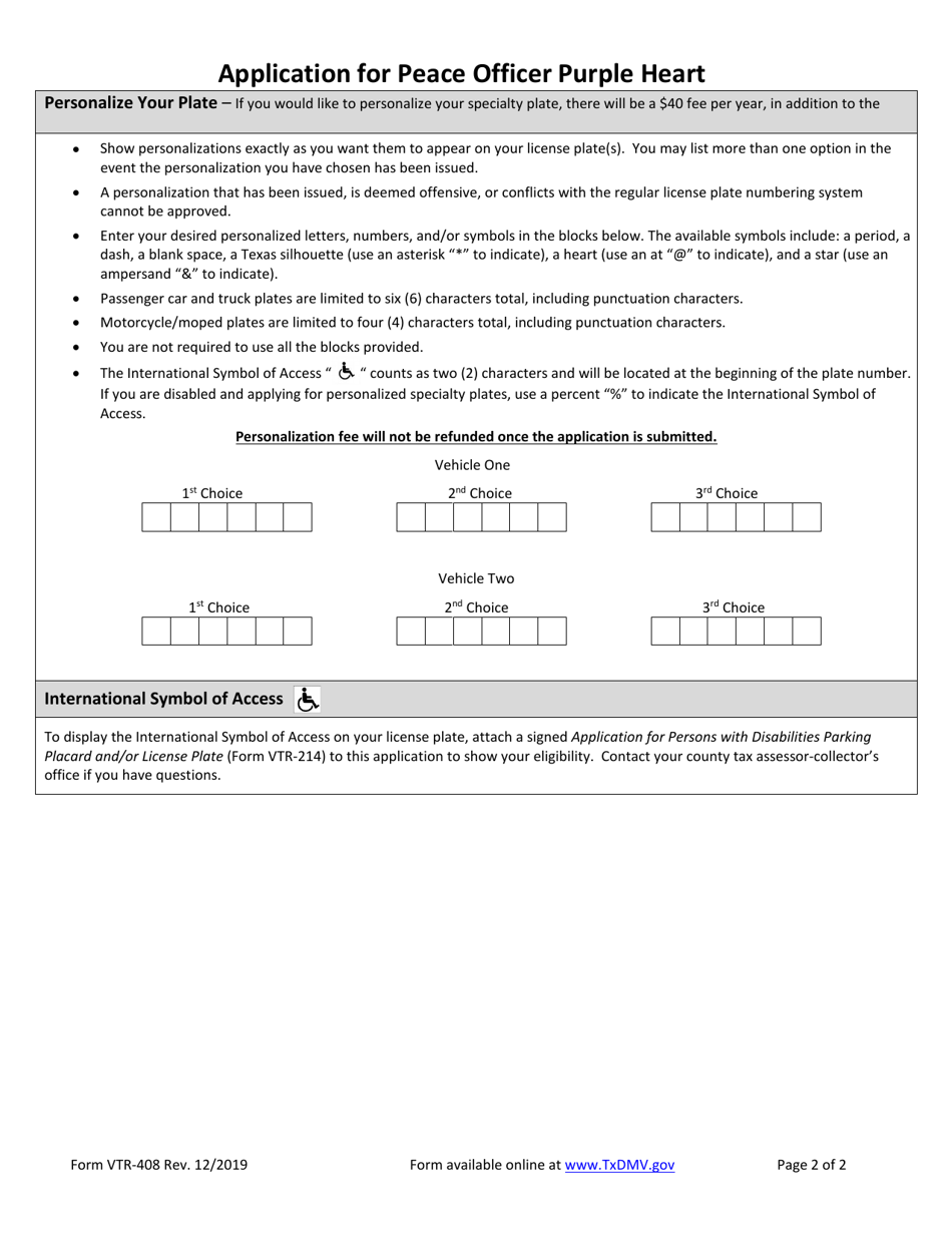 Form VTR-408 Application for Peace Officer Purple Heart License Plates - Texas, Page 2