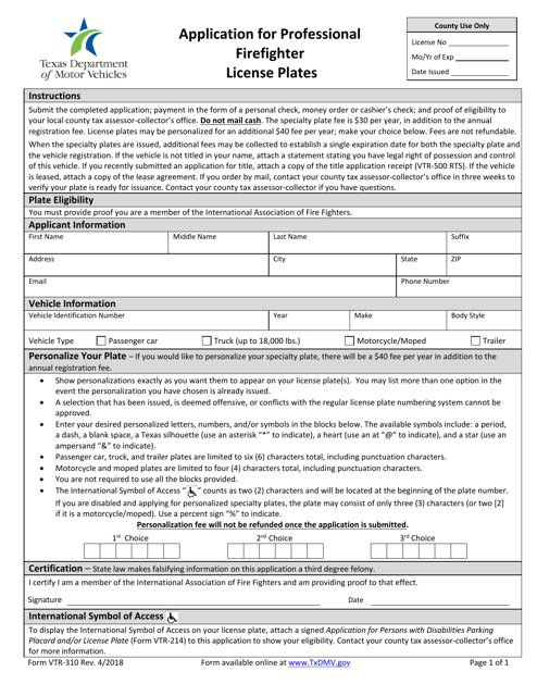 Form VTR-310 Application for Professional Firefighter License Plates - Texas