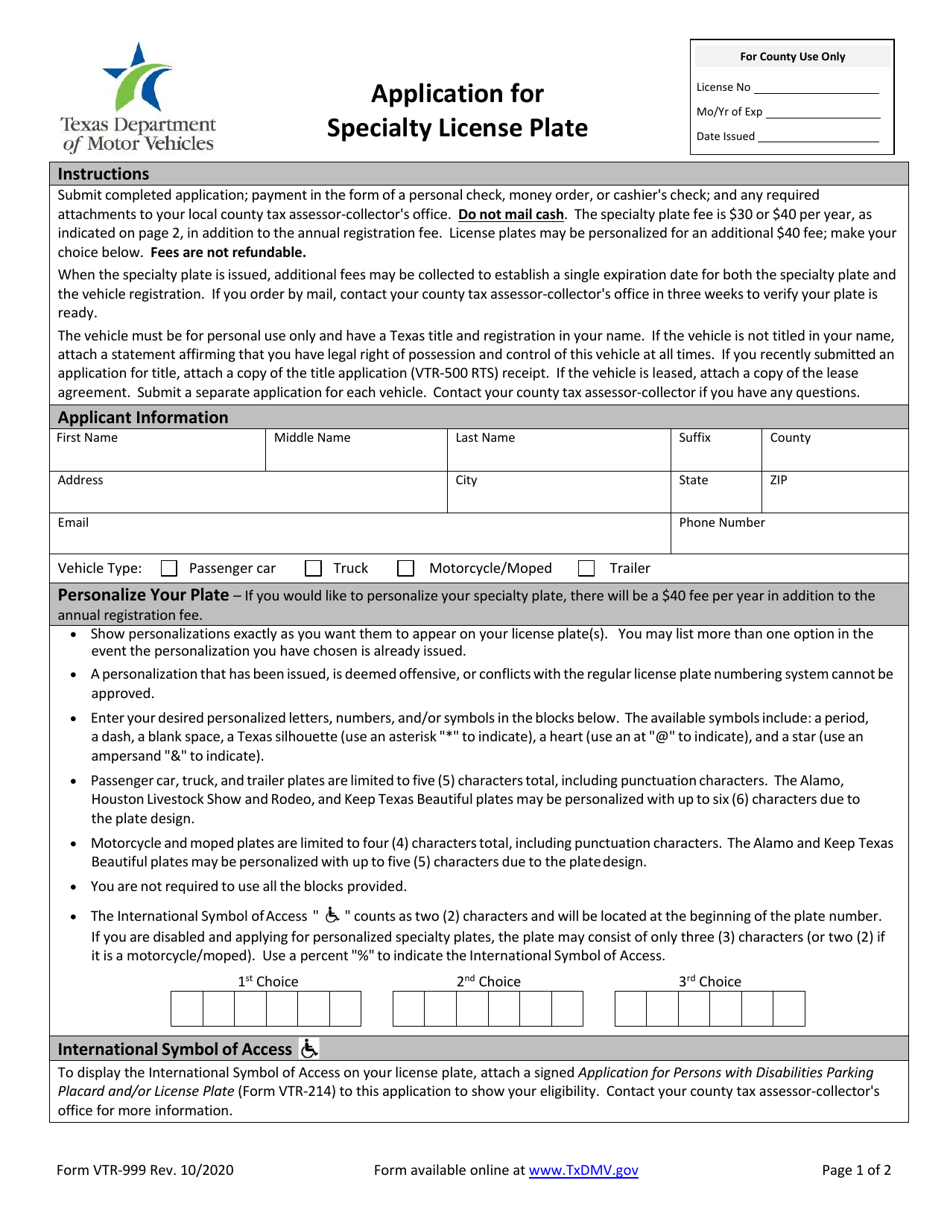 Form VTR-999 Application for Specialty License Plates - Texas, Page 1