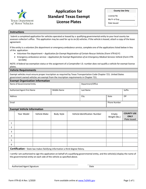Form VTR-62-A Application for Standard Texas Exempt License Plates - Texas