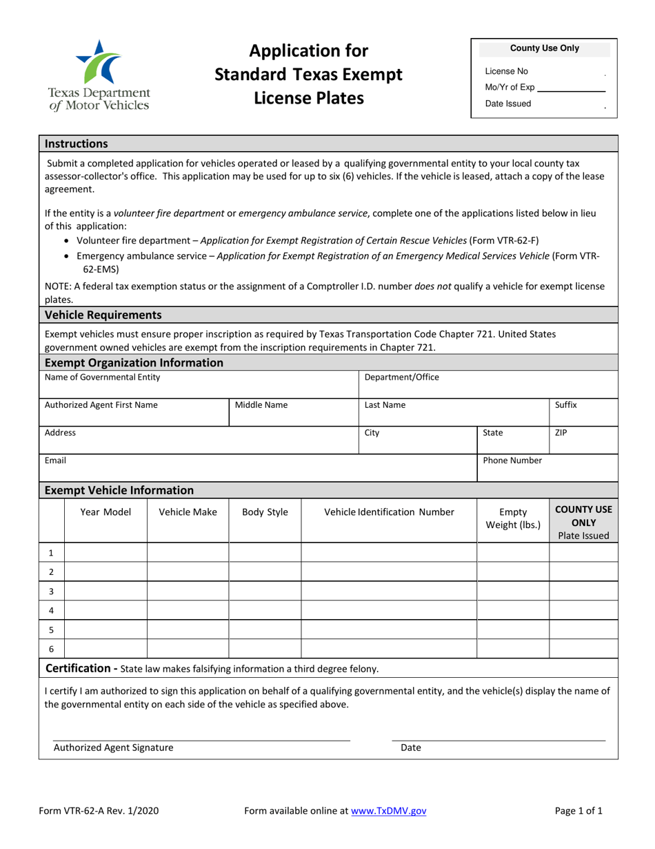 Form VTR-62-A Application for Standard Texas Exempt License Plates - Texas, Page 1