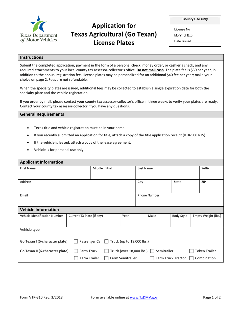 Form VTR-810 Application for Texas Agricultural (Go Texan) License Plates - Texas, Page 1