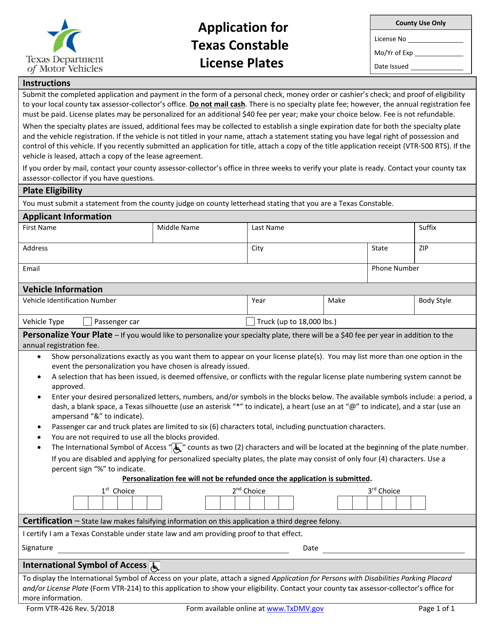 Form VTR-426 Application for Texas Constable License Plates - Texas