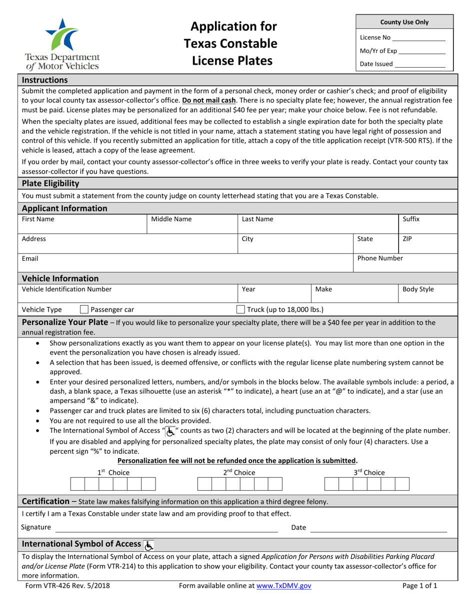 Form VTR-426 Application for Texas Constable License Plates - Texas, Page 1