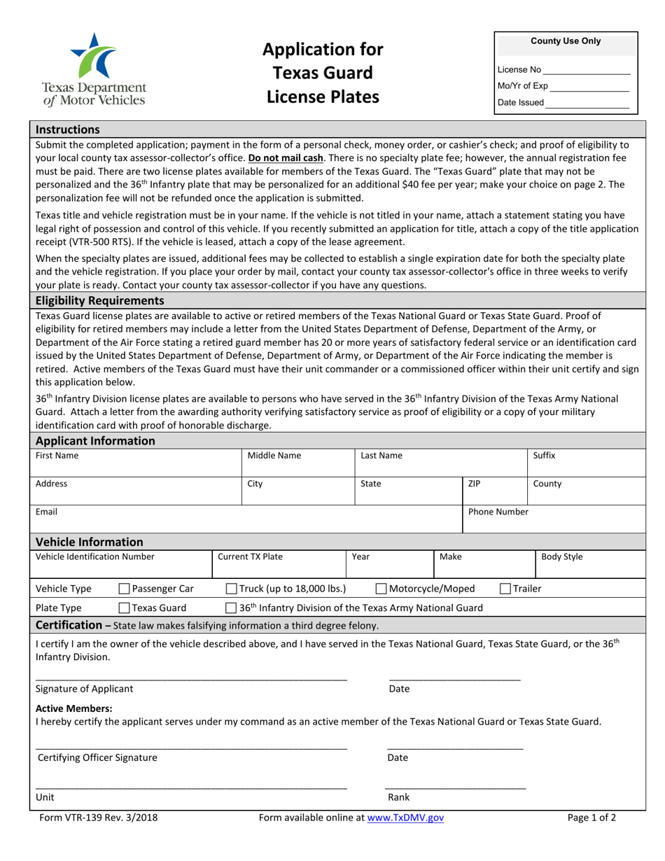 Form VTR-139 Application for Texas Guard License Plates - Texas, Page 1