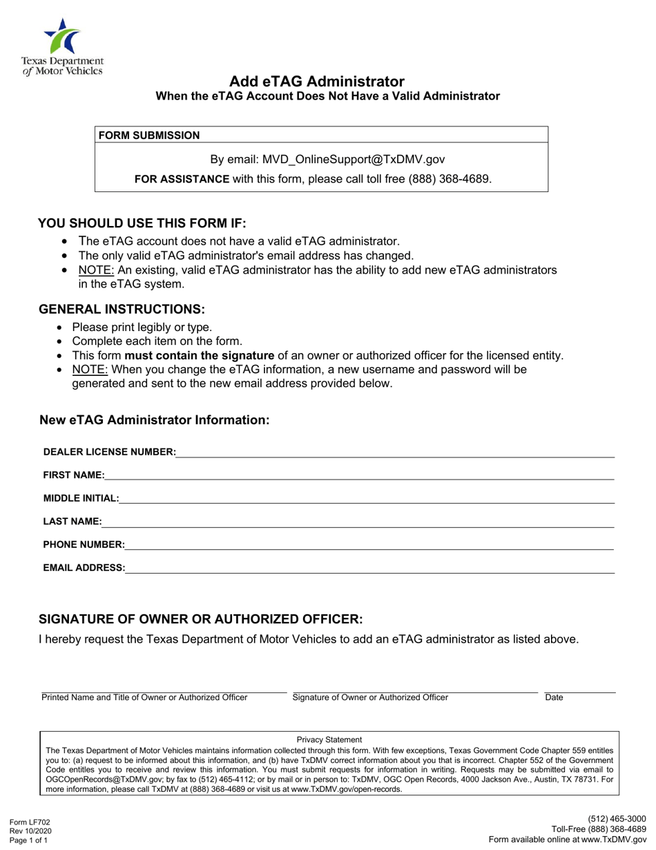 Form LF702 Change to Etag Contact Information - Texas, Page 1