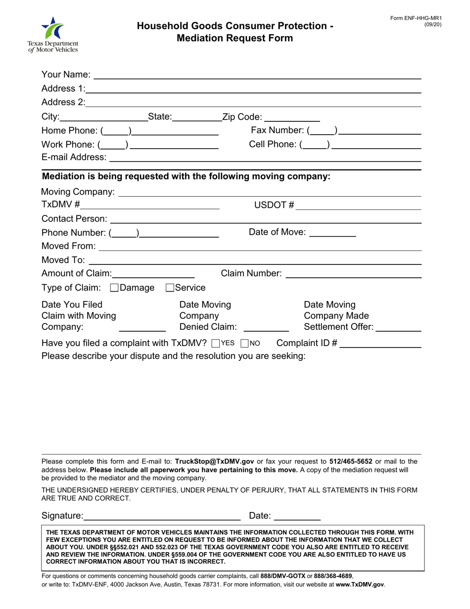 Form ENF-HHG-MR1 Household Goods Consumer Protection - Mediation Request Form - Texas, Page 1