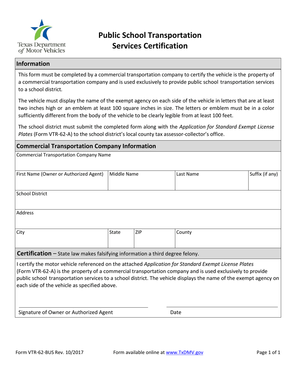 Form VTR-62-BUS Public School Transportation Services Certification - Texas, Page 1