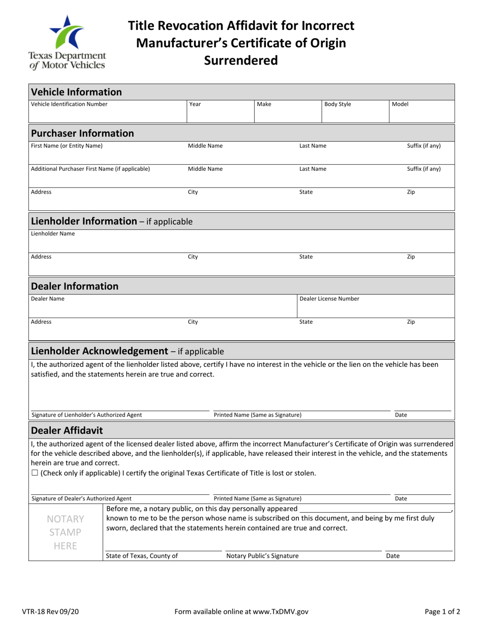 Form VTR-18 Title Revocation Affidavit for Incorrect Manufacturers Certificate of Origin Surrendered - Texas, Page 1