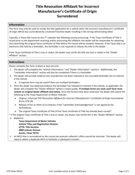 Form VTR-18 Title Revocation Affidavit for Incorrect Manufacturer&#039;s Certificate of Origin Surrendered - Texas, Page 2