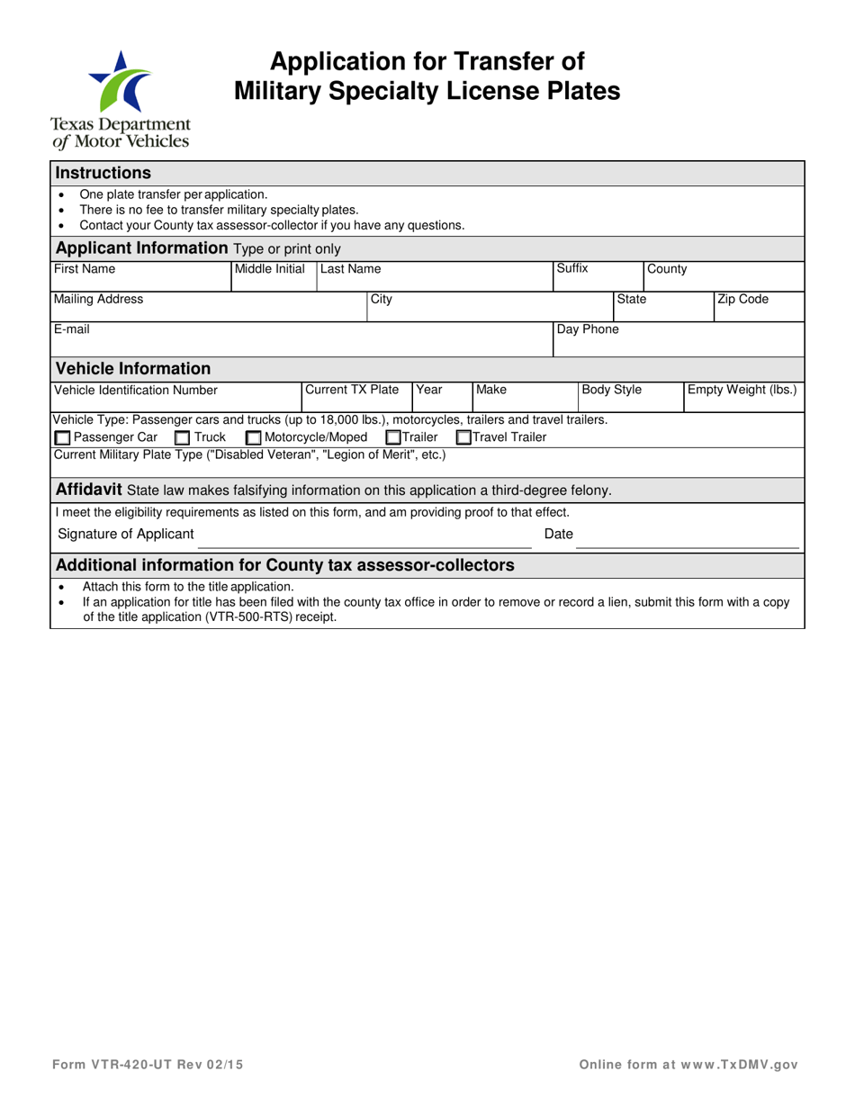Form VTR-420-UT Application for Transfer of Military Specialty License Plates - Texas, Page 1