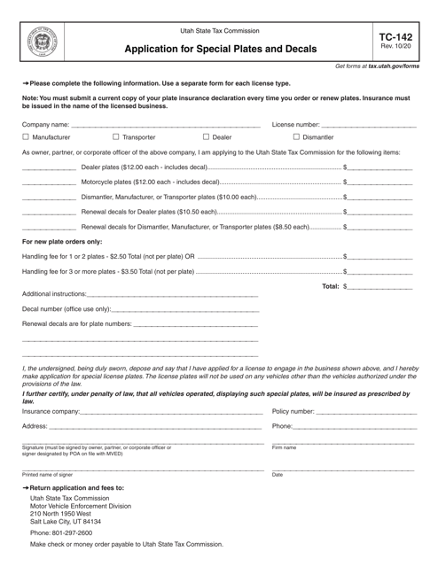 Form TC-142 Application for Special Plates and Decals - Utah