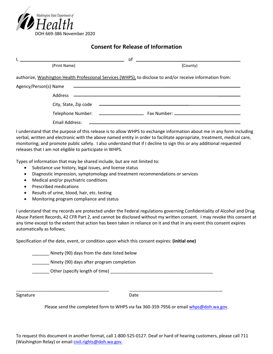 DOH Form 669-386 Consent for Release of Information - Washington, Page 1