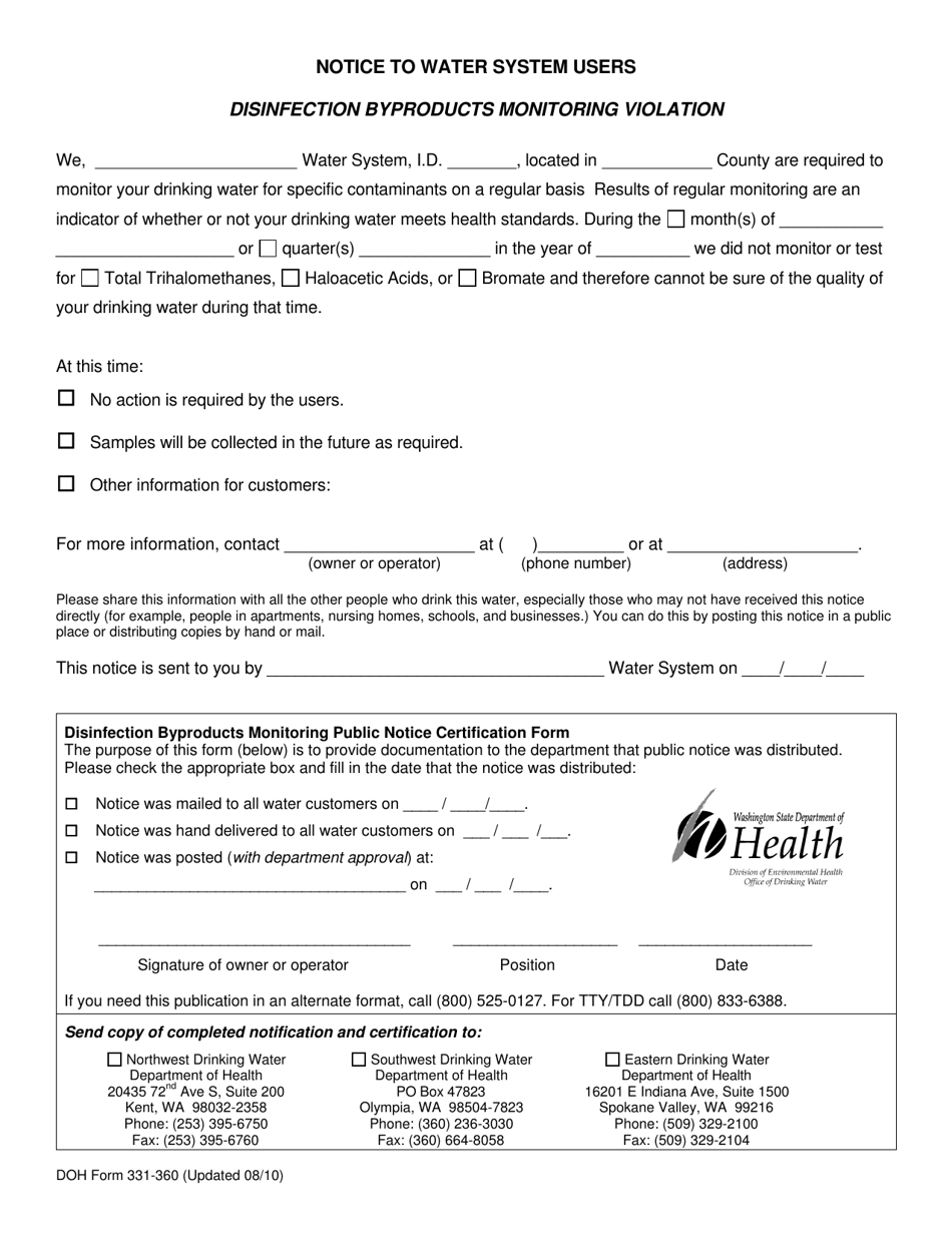 DOH Form 331-360 Disinfection Byproducts Monitoring Violation - Washington, Page 1