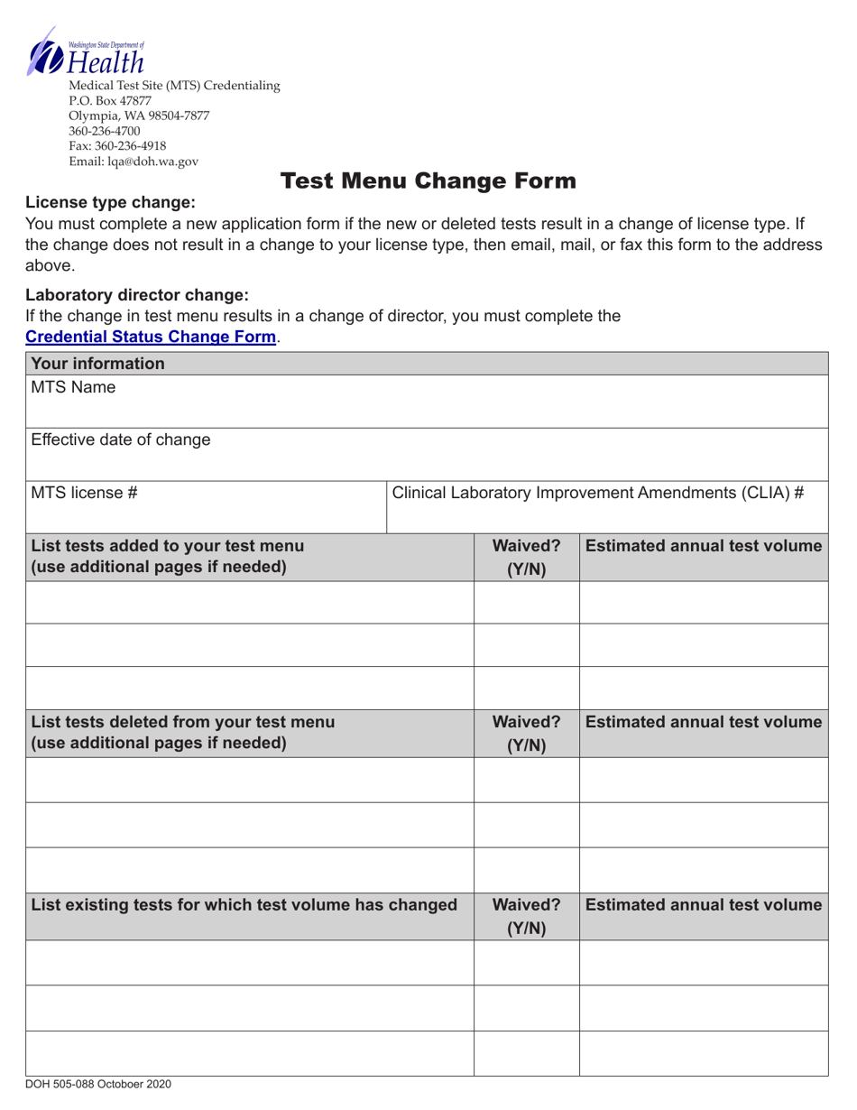 DOH Form 505-088 Test Menu Change Form - Washington, Page 1