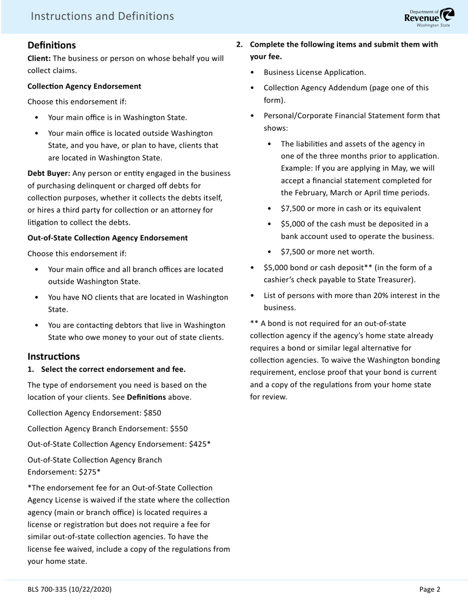 Form BLS700-335 Collection Agency, Branch Office, or Out-of-State Office Addendum - Washington, Page 2